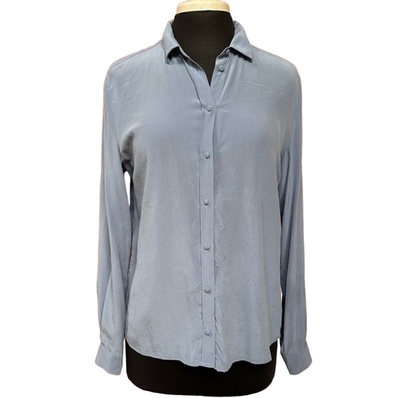 Sezane Blue 100 Percent Silk Long Sleeve Shirt Collar ButtonUp Blouse Size 38 - Picture 7 of 10